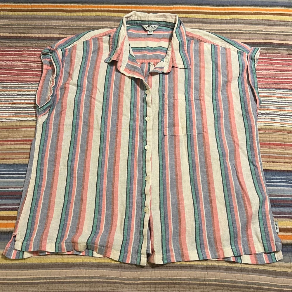 ORVIS Womens Striped Linen Blend Button Up Shirt XL/EG Classic‎ Collection